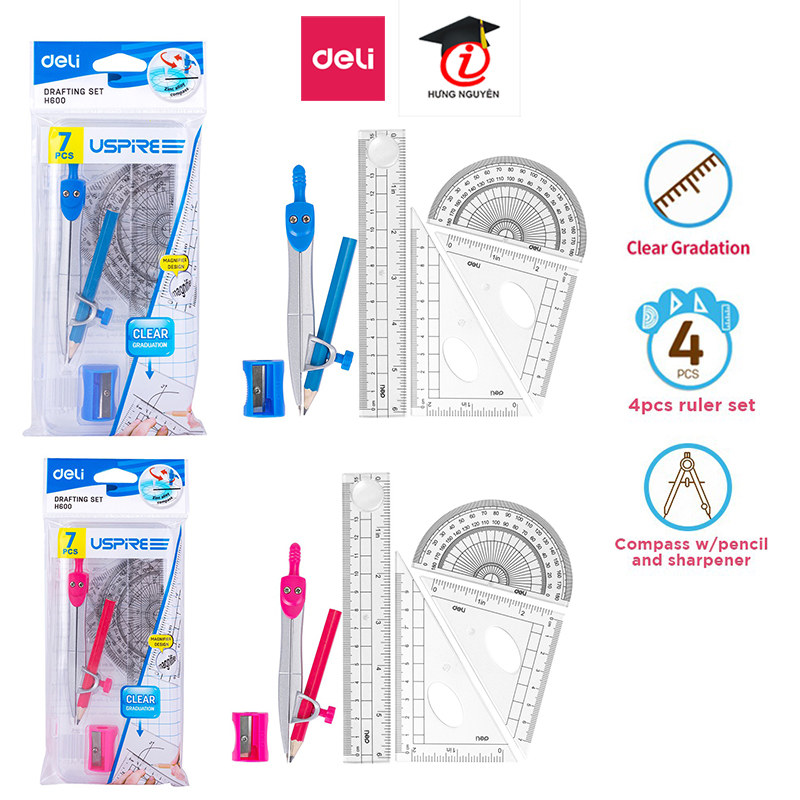 Bộ compa thước Deli 7 loại 15cm chì gỗ H600 (hộp nhựa) (Hồng/Xanh)