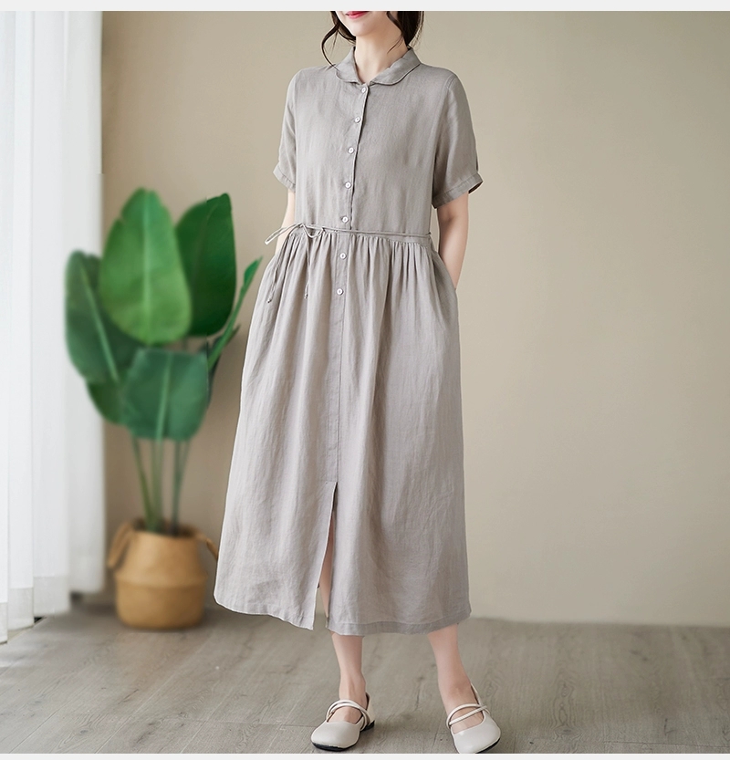 Đầm Linen suông nữ - Váy suông nữ cổ tròn ngắn tay chất liệu Linen mát Đũi Việt