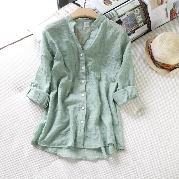Sơ mi nữ HaiAnh, áo sơ mi form rộng vải đũi cổ chữ V 172