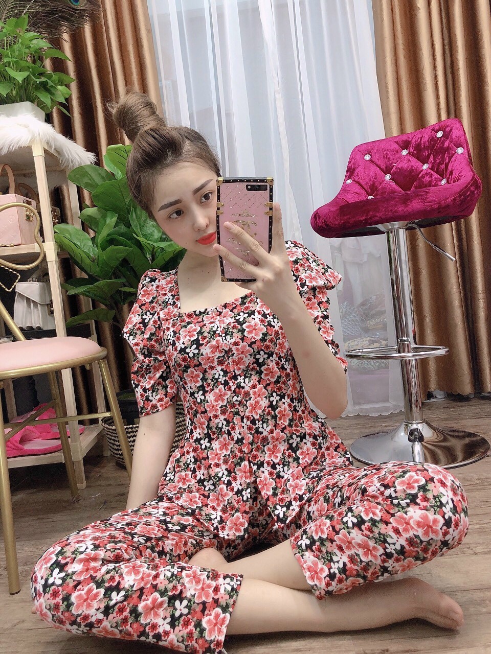 [HCM]Set bộ nữ họa tiết hoa áo cài nút tay phồng cổ vuông quần dài