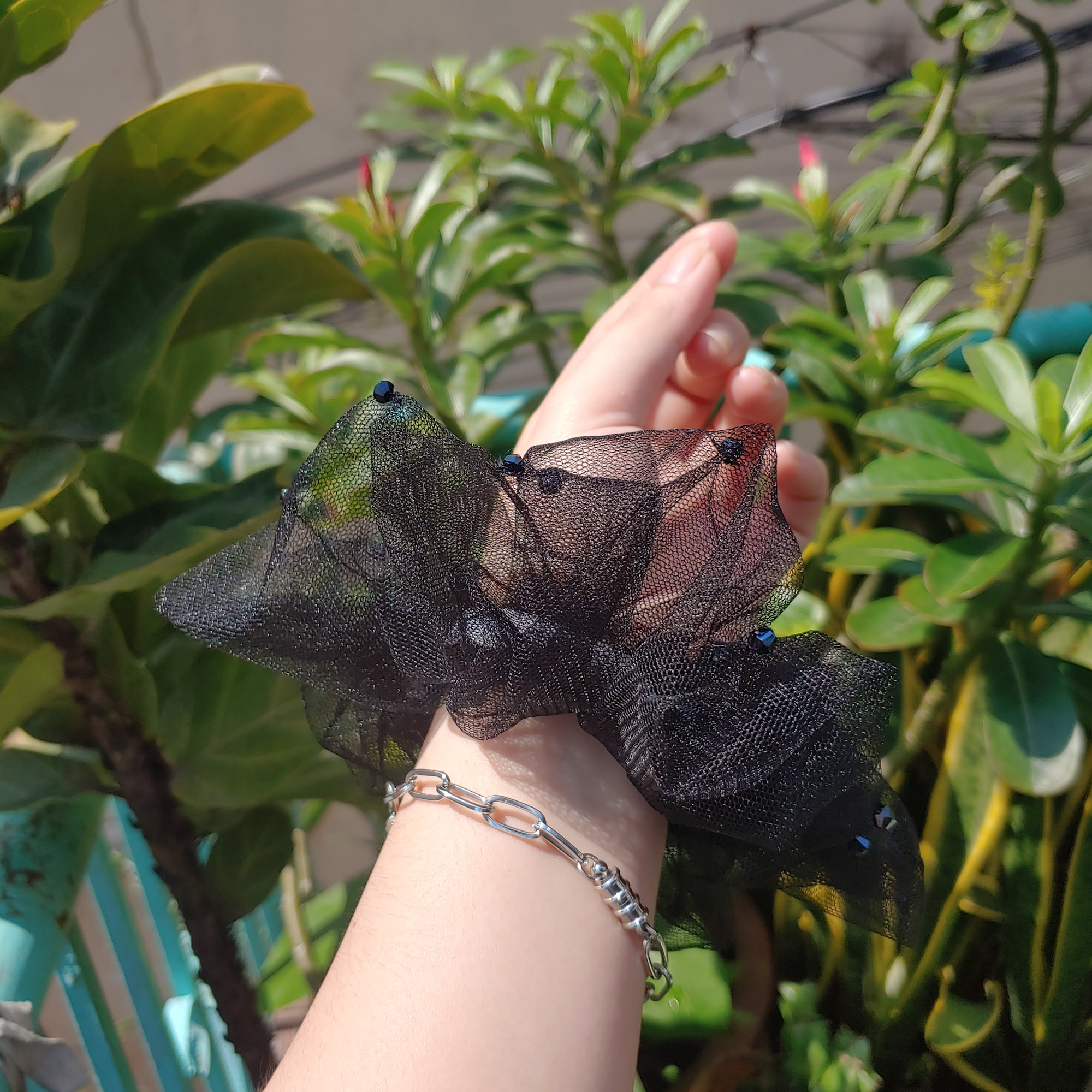 [HCM] Đinh Đang Handmade _ Cột tóc vải lưới đen đính hạt pha lê hình dĩa