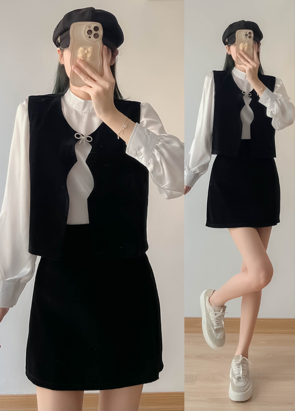 Set 3 món áo sơ mi mix áo ghile nhung và chân váy chữ a - 247StoreFashion - Setnhungmixaosatin0203