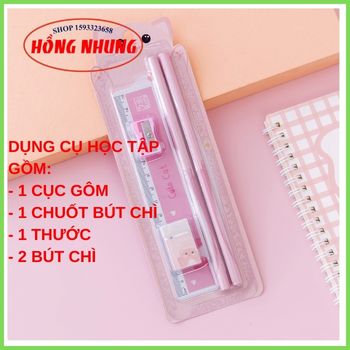 [ Sale Lớn] Bộ Combo Học Tập Xinh Xắn ( 2 Bút Chì, 1 Cục Gôm, 1 Thước, 1 Đồ Chuốt)