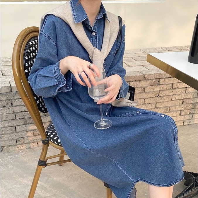 Váy sơ mi jean nữ dáng xuông dài tay, đầm sơ mi form rộng phong cách ulzzang a17
