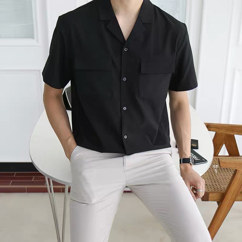 Áo sơ mi nam ngắn tay cổ vest túi hộp vải lụa mềm  BeWay