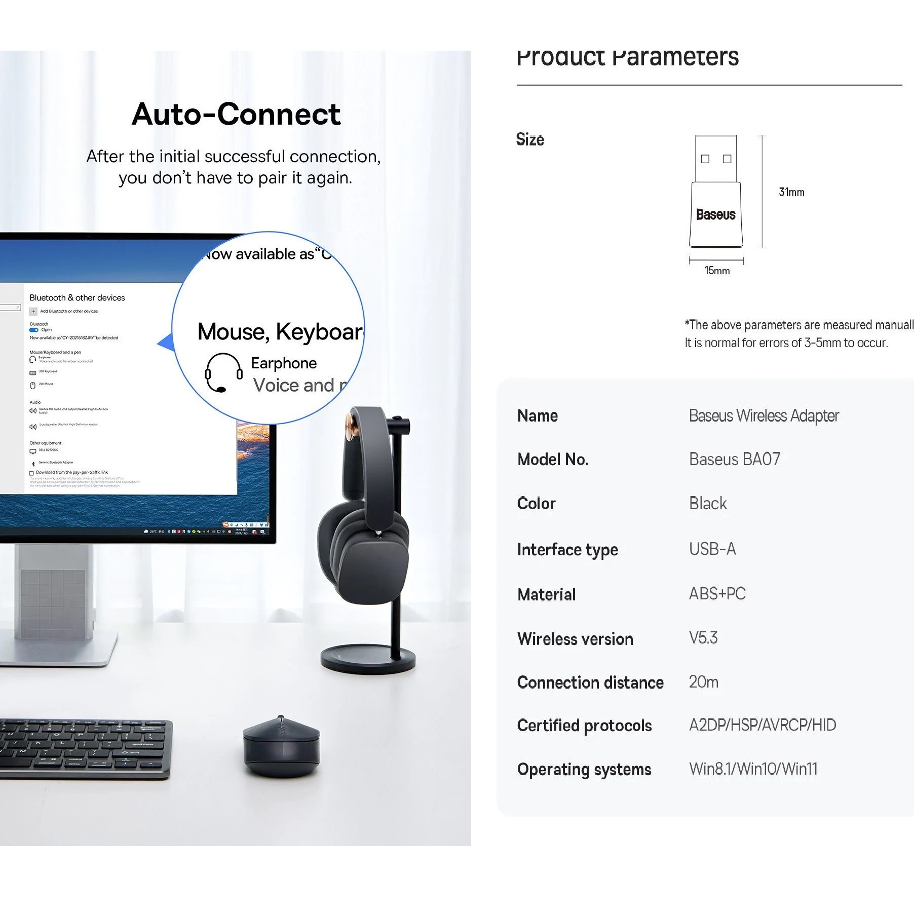Adapter tạo Bluetooth cho máy tính / usb bluetooth V5.3 Baseus BA07
