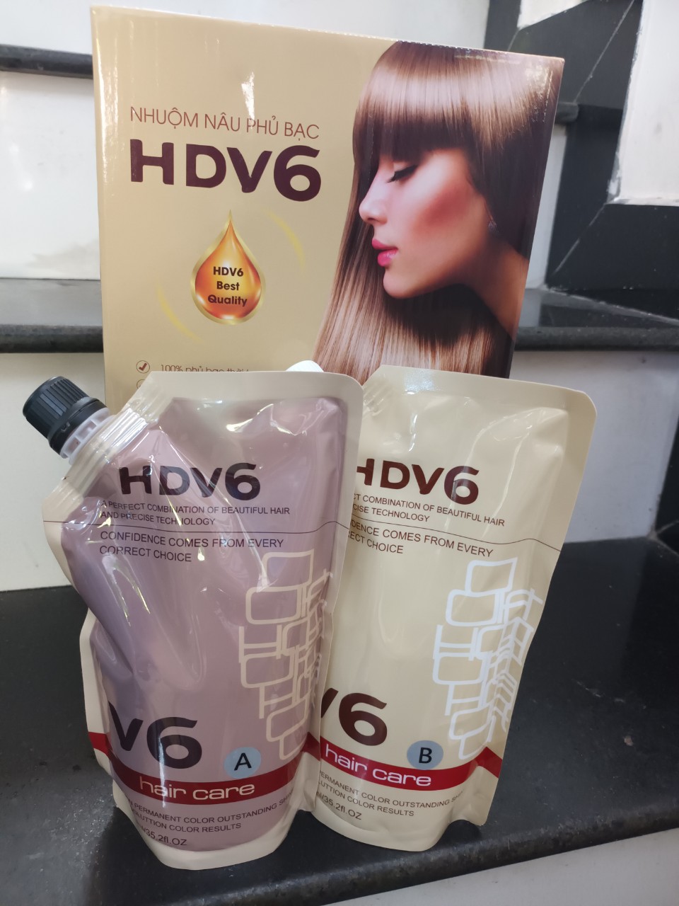 Kem nhuộm phủ bạc màu nâu không dính da đầu hdv6 500ml x2