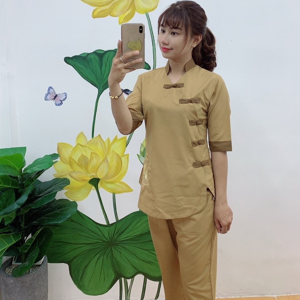 Quần Áo Phật Tử, Đồ Lam Phật Đi Chùa Nữ, đồ bộ mặc nhà mẫu 5 nút mã PN31B