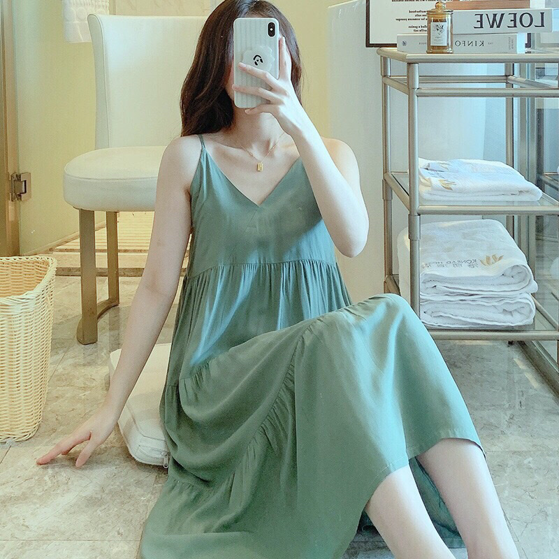 Váy Mặc Nhà - váy Ngủ ( váy 2 dây - 4 Tầng  ) chất liệu Lanh Lụa- mềm - mát