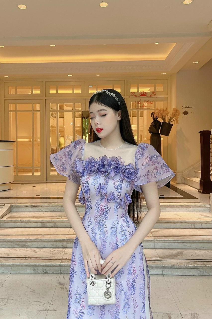 Sét Áo Dài 4 Tà Họa Tiết Hoa cách Điệu Cô
