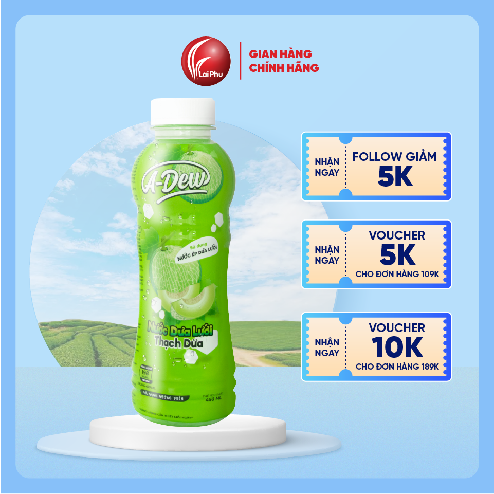 Nước Dưa Lưới Thạch Dừa A-Dew Chai 450ml - Thùng 24 Chai