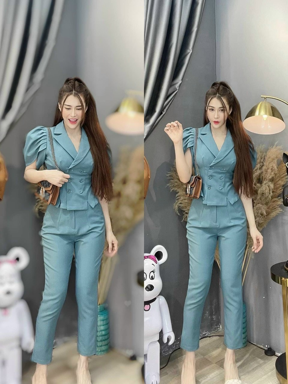 SÉT BỘ ÁO CỔ VÉT TAY PHỒNG NÚT CÀI + QUẦN BO DY PHONG CÁCH SÔNG SỞ