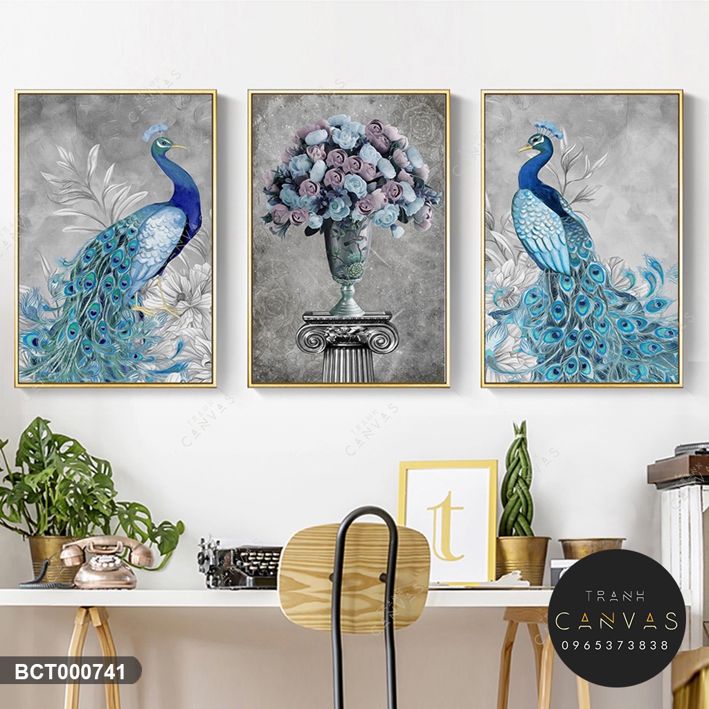 Tranh Canvas Bộ 3 Tấm Chim Công