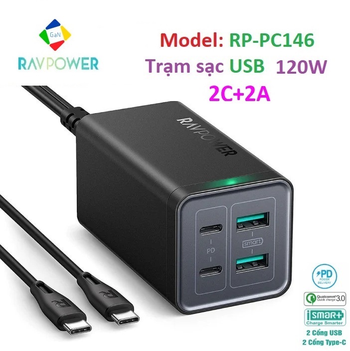 Củ Sạc RAVPOWER 120W GaN Tech RP-PC146 | 4-Port 2C2A | Quick Charge 3.0