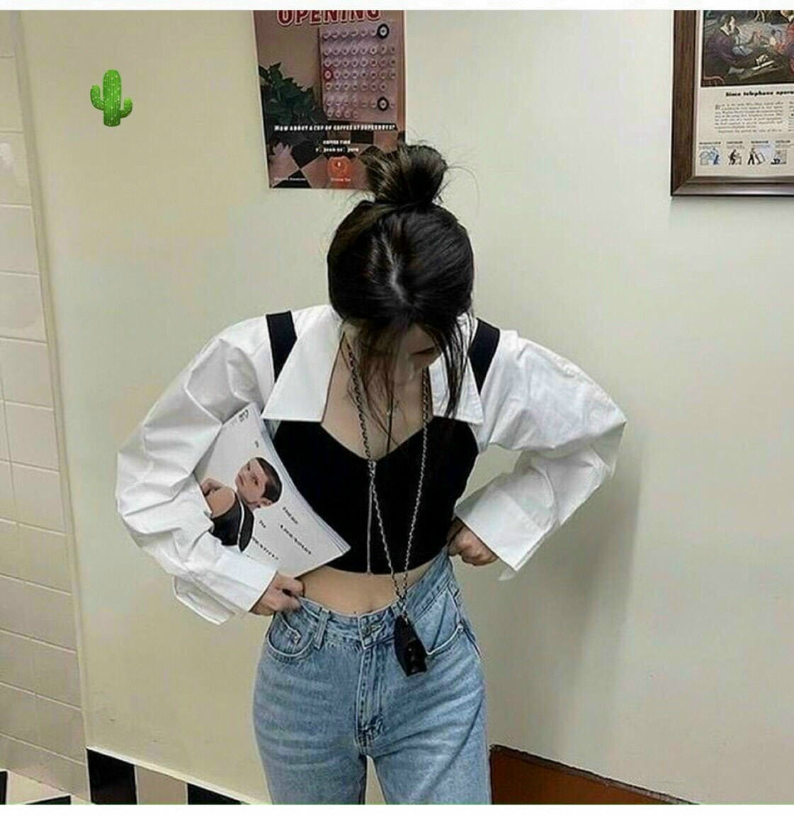 Sơ Mi Croptop Phối Trắng Đen
