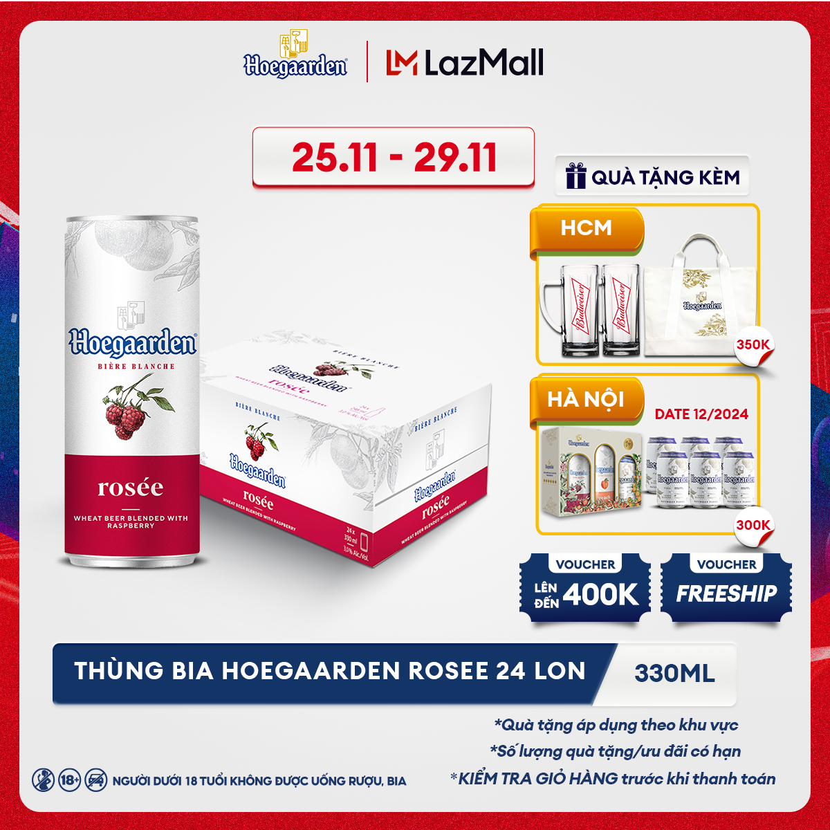 [25.11 - 29.11 VC ĐẾN 100K+FS] Thùng 24 lon bia Hoegaarden Rosee (330ml/lon) [Date 03/2025]