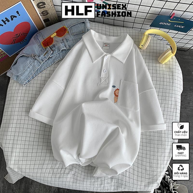 Áo thun polo cổ trụ unisex có túi hình sư tử, áo thun có cổ HLFashion