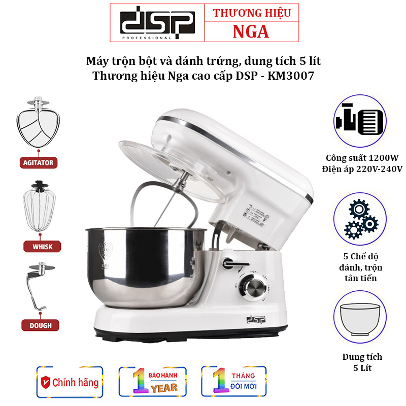 [ BẢO HÀNH 12 THÁNG] Máy trộn bột và đánh trứng cao cấp Thương hiệu DSP KM3007, Dung tích 5 lít