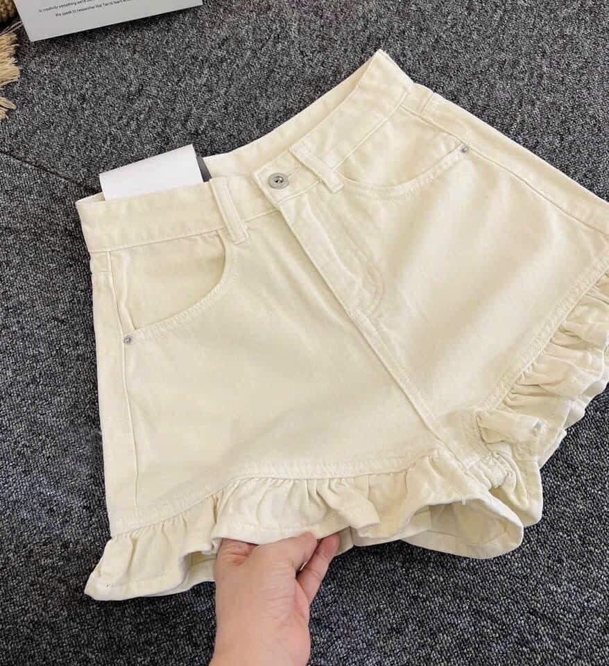 Quần Short Nữ Jean Lưng Cao Lai Phối Bèo