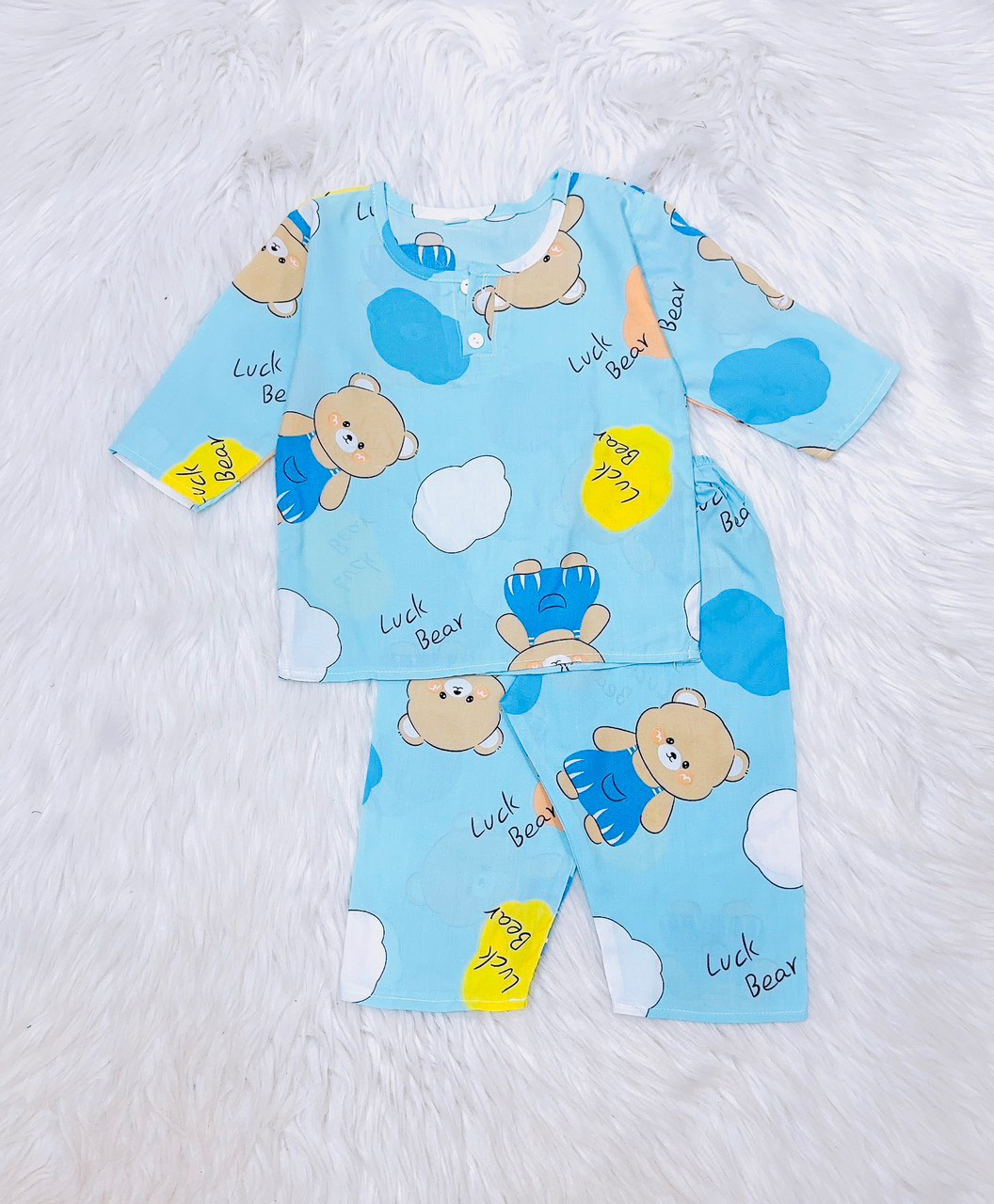 Bộ quần áo tole lanh bé trai màu xanh gấu/ Mẫu tay dài quần dài / size 5-10 cho bé từ 11-20kg / Quần áo bé trai / Đồ tole bé trai
