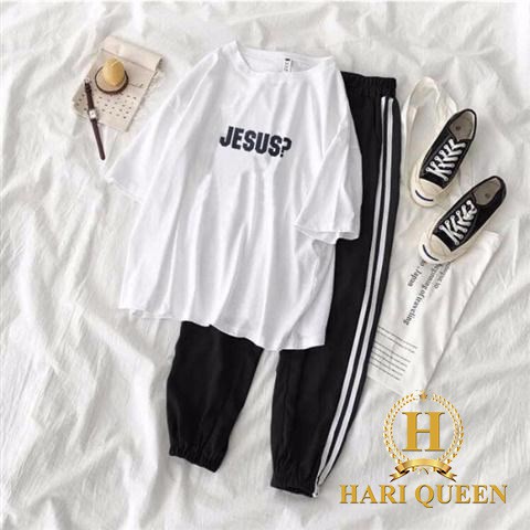 Set áo Jeus + quần đen 2 sọc chun ống HARI0720