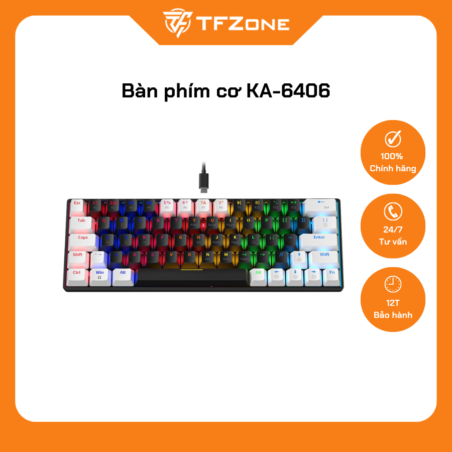 Bàn phím cơ gaming KA-6406 Led Rainbow có HotSwap 64 phím gọn nhẹ thích hợp chơi game, văn phòng, led 12 chế độ sáng