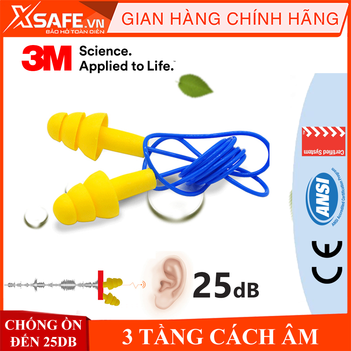 Nút tai chống ồn 3M Ultrafit 340-4004Bịt tai chống ồn lên đến 25Dbcách âm 3 tầng có dây chống mất dùng cho nghỉ ngơi lao động học tập