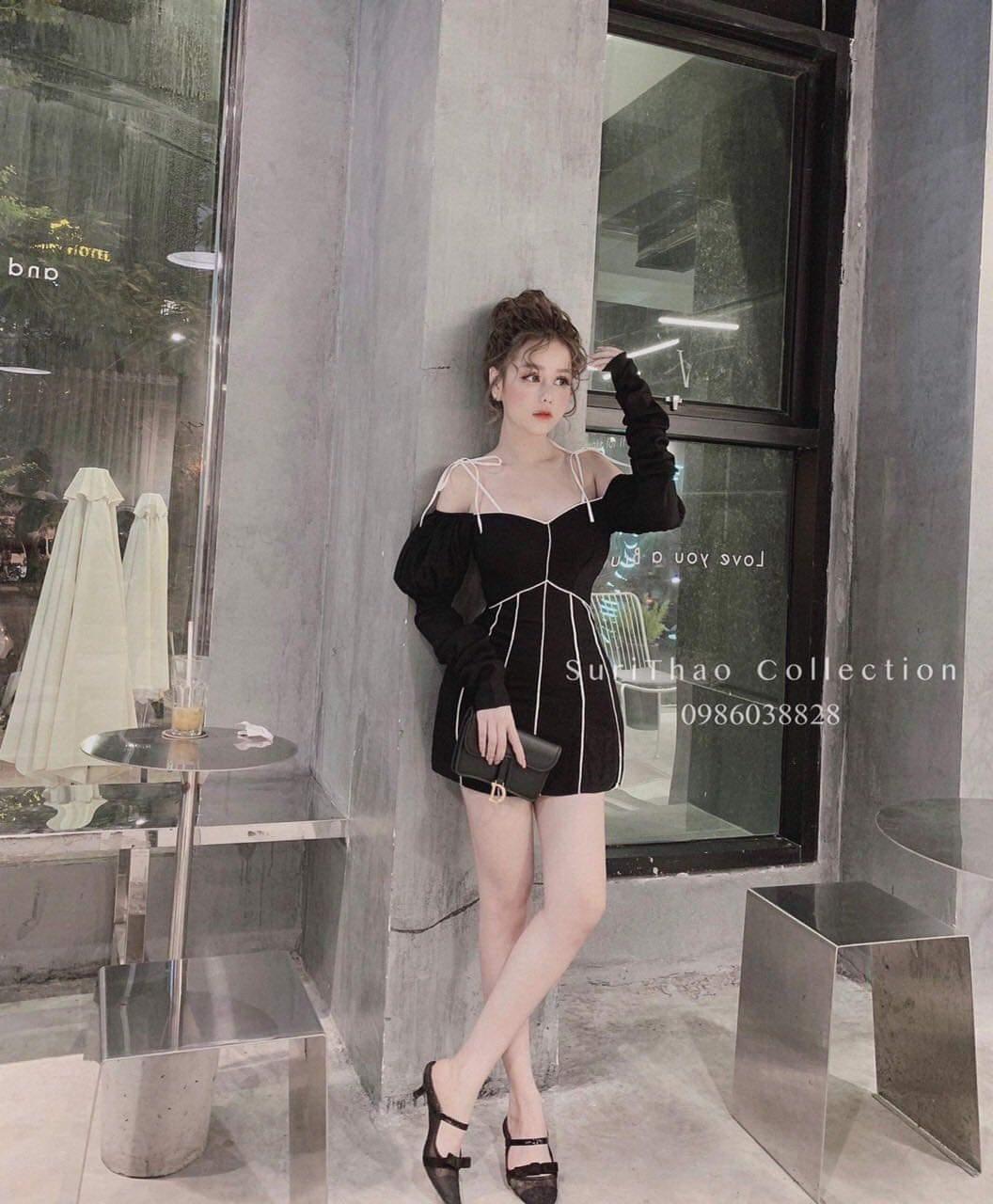 Đầm body trễ vai viền tay phồng