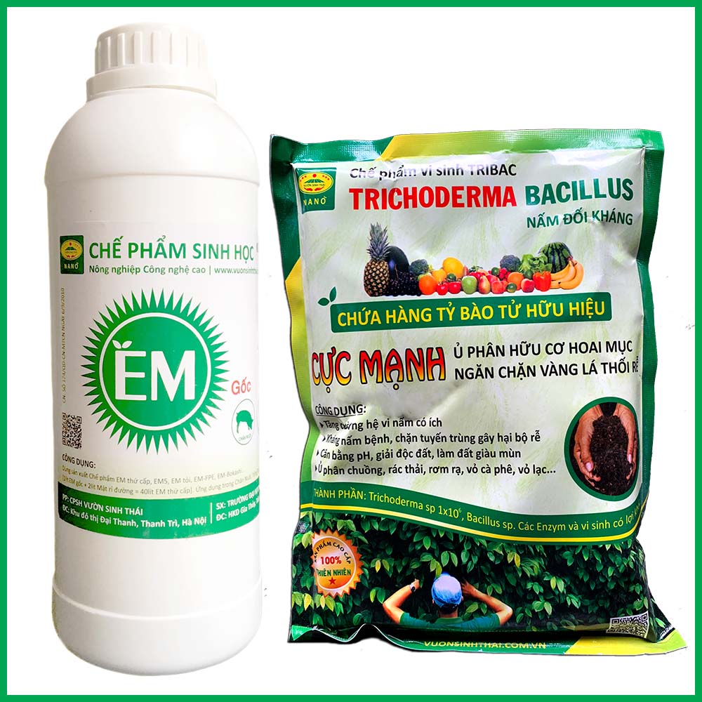 Combo 1kg Nấm đối kháng Trichoderma TRIBAC và 1 lít Chế phẩm EM gốc. Ủ phân hữu cơ hoai. Chặn đứng Vàng Lá Thối rễ. HSD 2 năm
