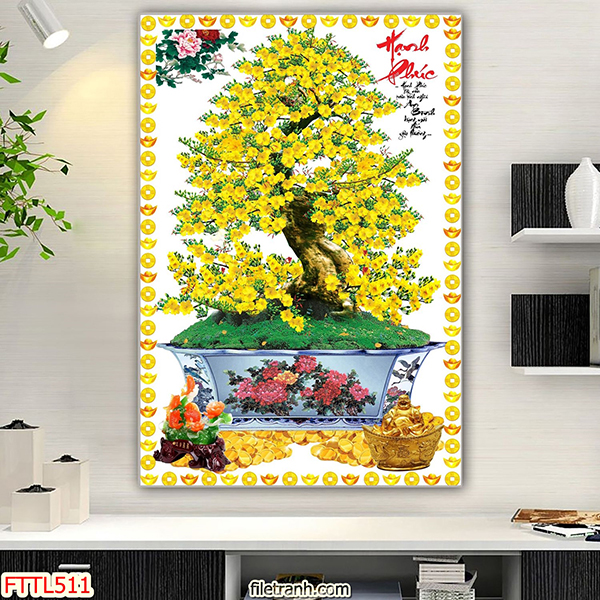 Tranh Laminate Tráng Gương - Tranh Treo Tường Chậu Mai Vàng