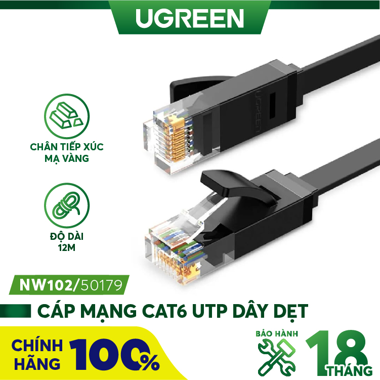 Dây cáp mạng đúc sẵn dẹt Cat6 dài 12m 26AWG Ugreen 50179 cao cấp (màu đen)