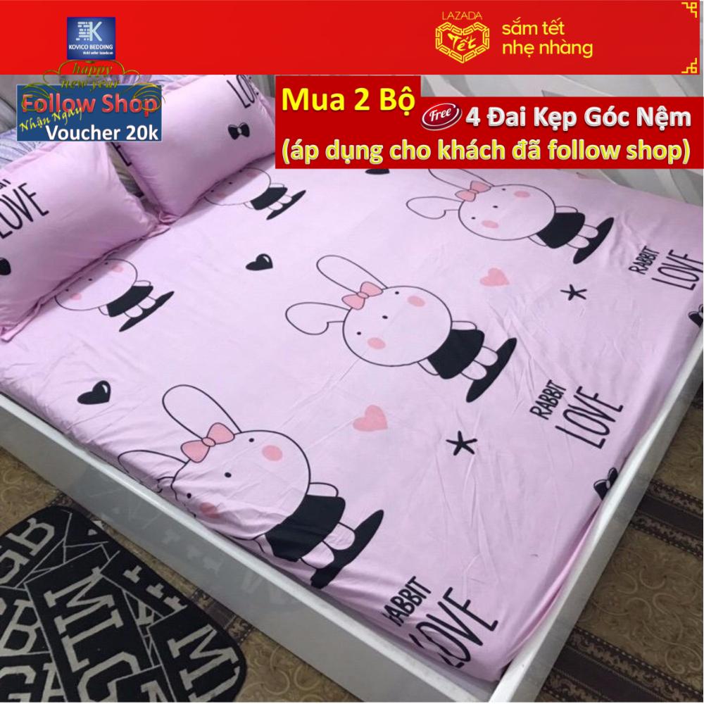 (FreeShip MAX) Bộ Ga gối Poly Kovico Thỏ Hồng - Rabbit love 1m6x2m (dành cho nệm cao dưới 12cm)