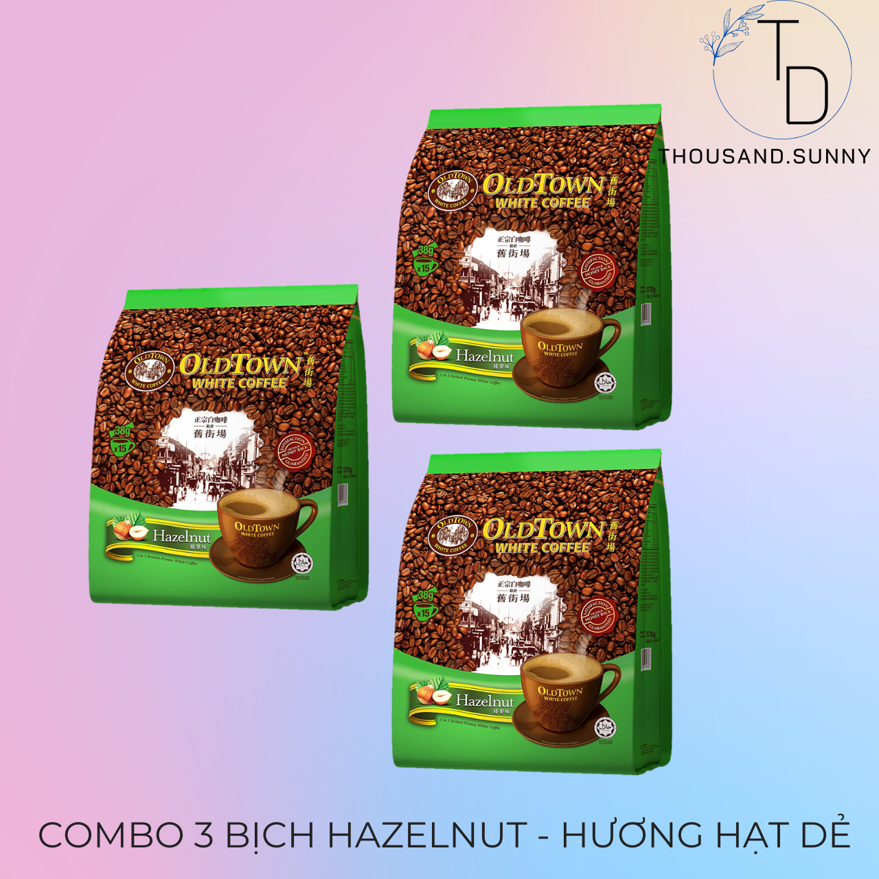 (DATE 2024) COMBO 03 Bịch Cà Phê OLD TOWN White Coffe Hazelnut Malaysia