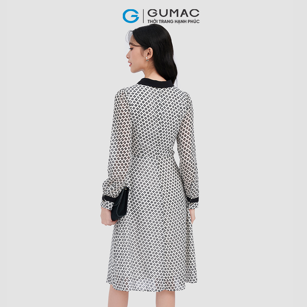 Đầm form A họa tiết phối cổ GUMAC DC09054
