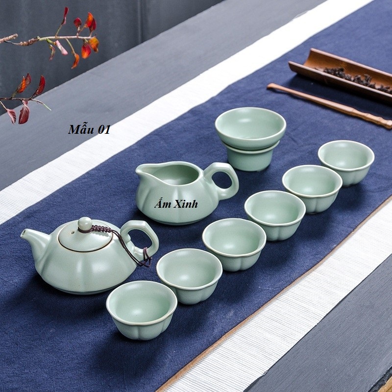 Bộ ấm trà sứ men xanh cao cấp