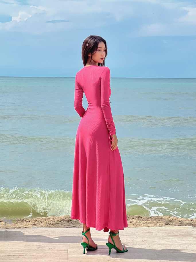 COCO SIN - Đầm Thun Gân Hồng Tay Dài