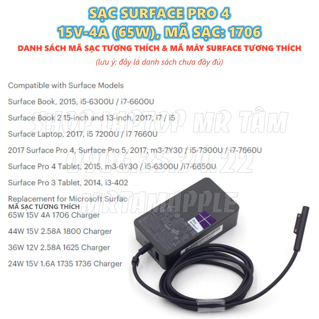 SẠC SURFACE PRO 4 5 6 7 15V-4A (65W) (SẠC ZIN) - mã sạc 1706
