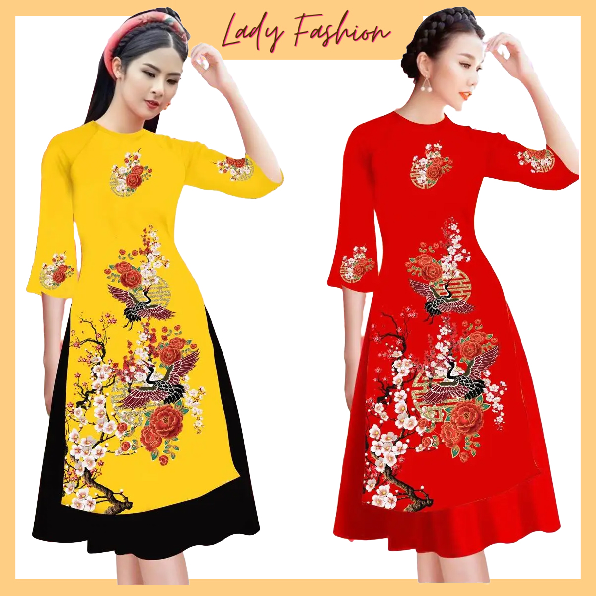 {HCM}Áo dài cách tân in chim hạt đậu trên cành đào AD013 – Khánh Linh Style- Lady Fashion