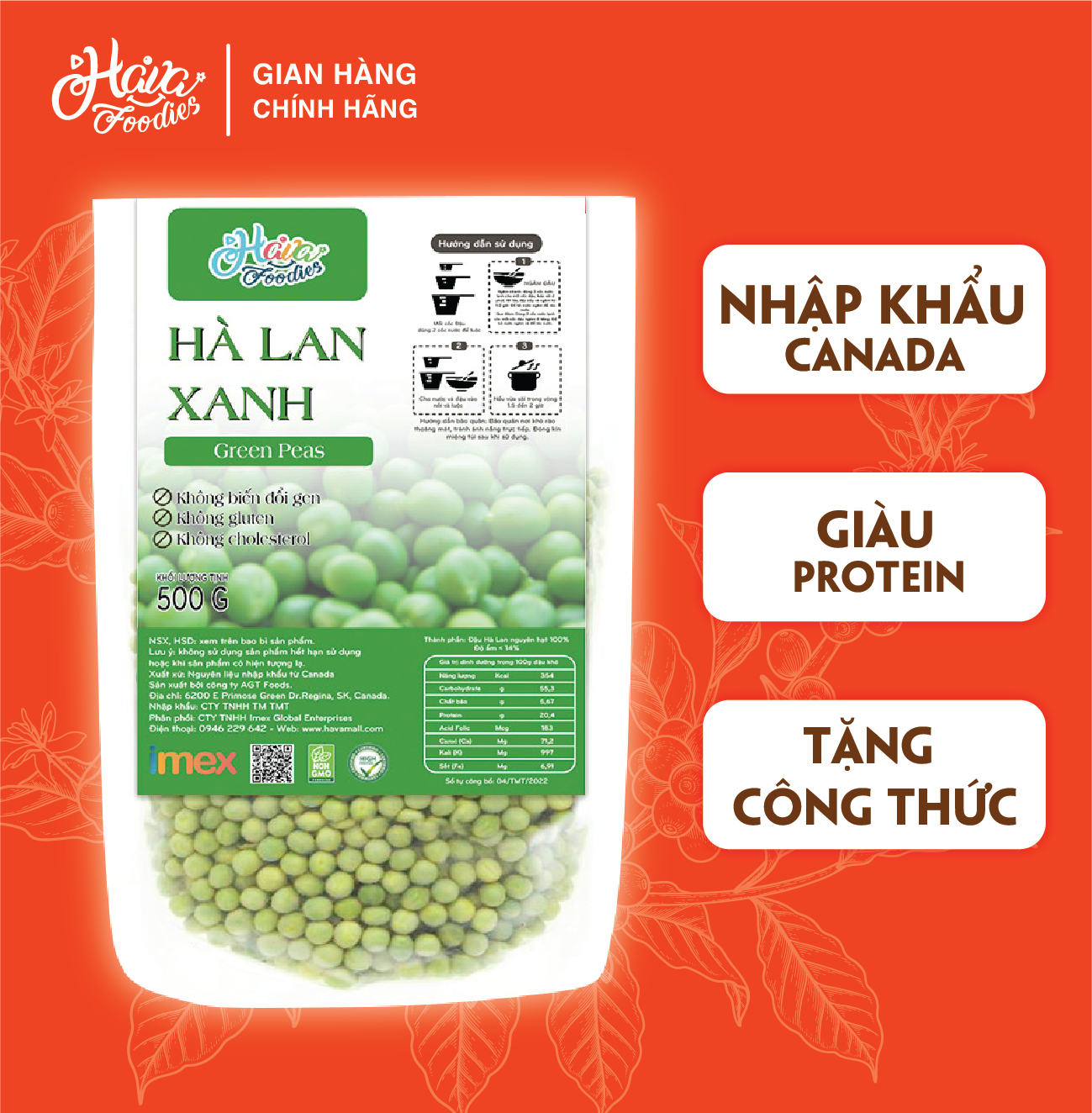 Đậu hà lan xanh nguyên hạt havafoodies túi 500g – green peas