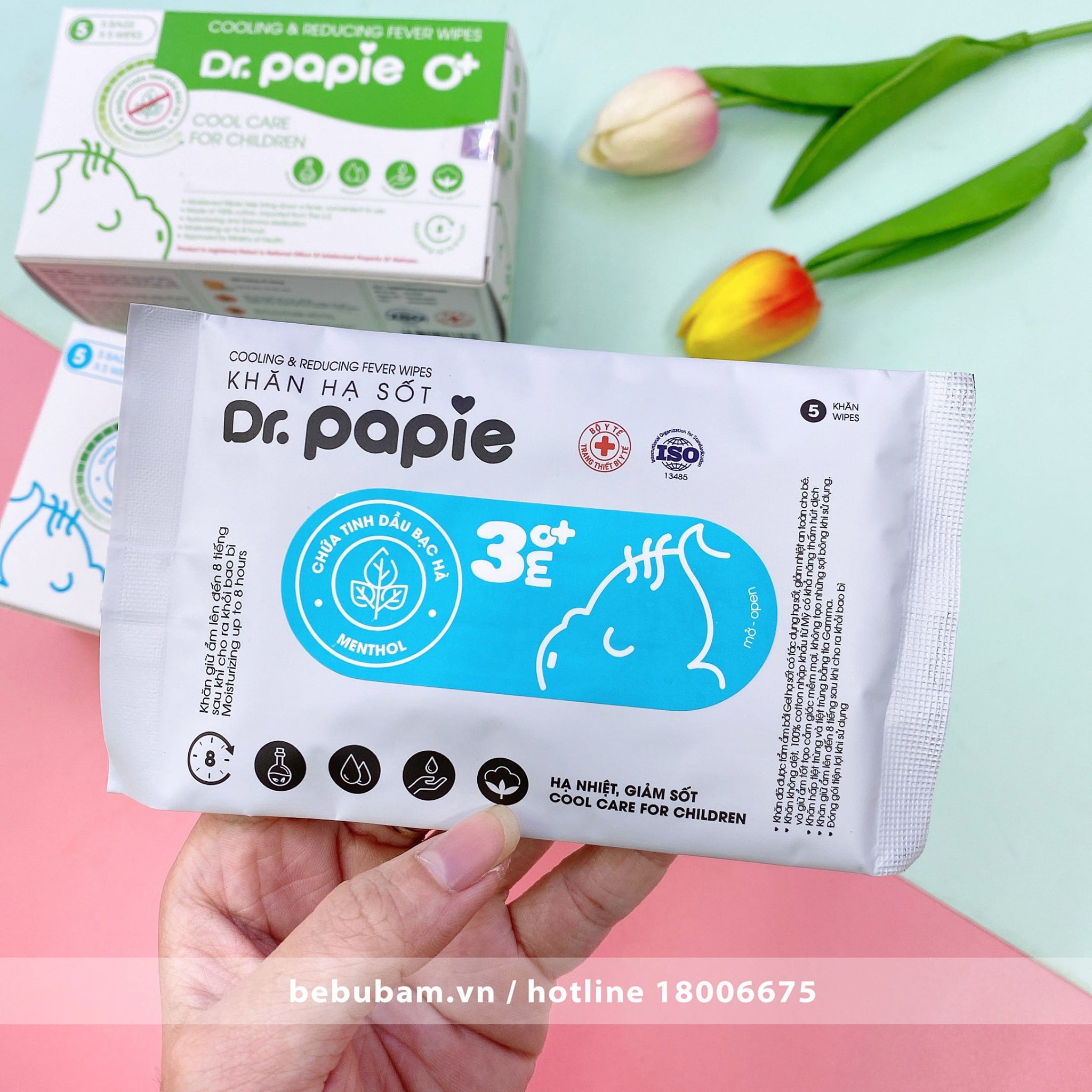 Khăn lau hạ nhiệt, giảm sốt thảo dược Dr.Papie chính hãng cho bé từ 0m+ trở lên