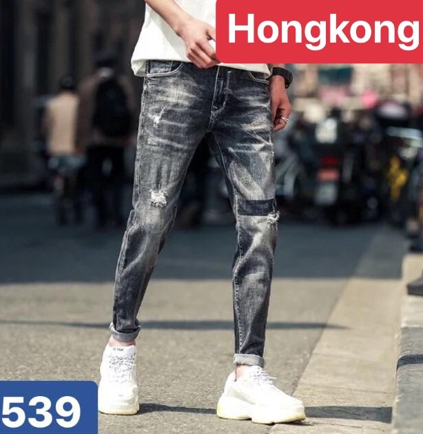 QUẦN JEAN NAM CHẤT BÒ XANH BẠC RÁCH WASH SANG QUẢNG CHÂU, CO GIÃN NHẸ CAO CẤP DB-539 HONG KONG FASHION