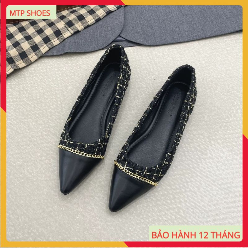 Giày bệt nữ mũi nhọn da mềm kẻ caro