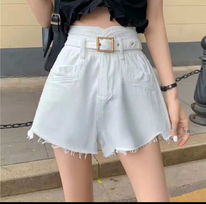 Quần short nữ chất kaki siêu hack dáng phối đai nit hai màu đen trắng, Quần short đùi kaki jean kiểu