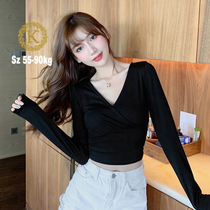 Áo croptop nữ tay dài bigsize 55-90kg, Croptop bigsize chéo ngực phong cách Hàn Quốc AT03-D