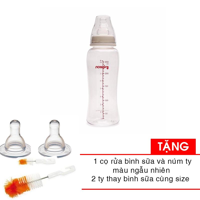 Combo Bình sữa Pigeon Streamline 250ml + 1 cọ rửa bình sữa và núm ty tặng 2 ty binh sua cùng size