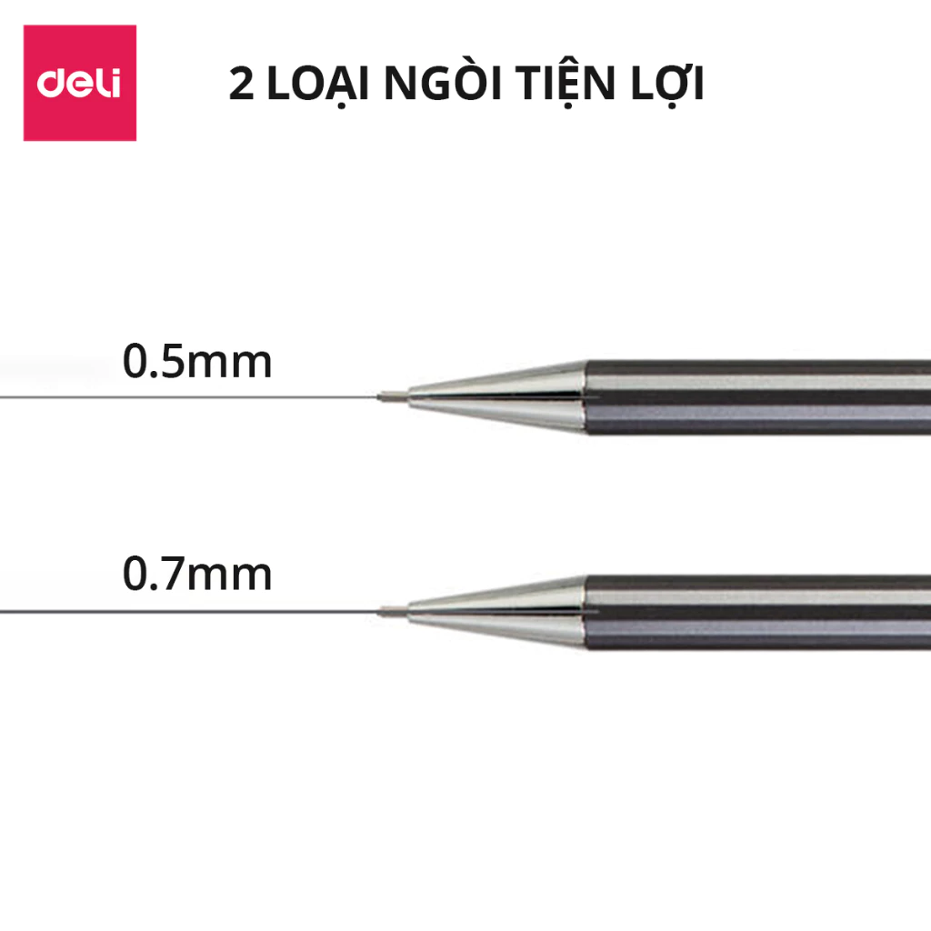 Bút chì kim bấm kỹ thuật 0.5mm/0.7mm Deli kèm đầu tẩy thân kim loại chắc chắn, chống hao mòn