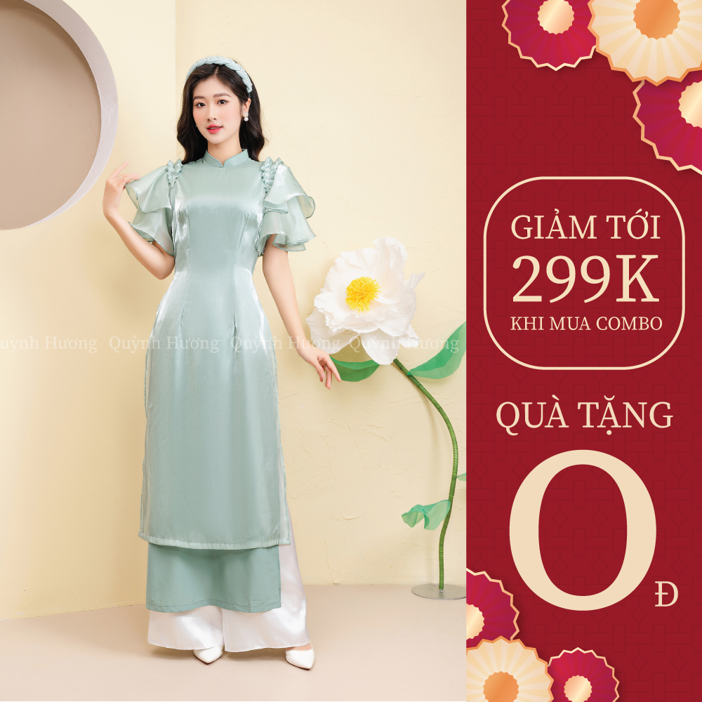 Áo dài voan tơ cánh tiên xanh mint