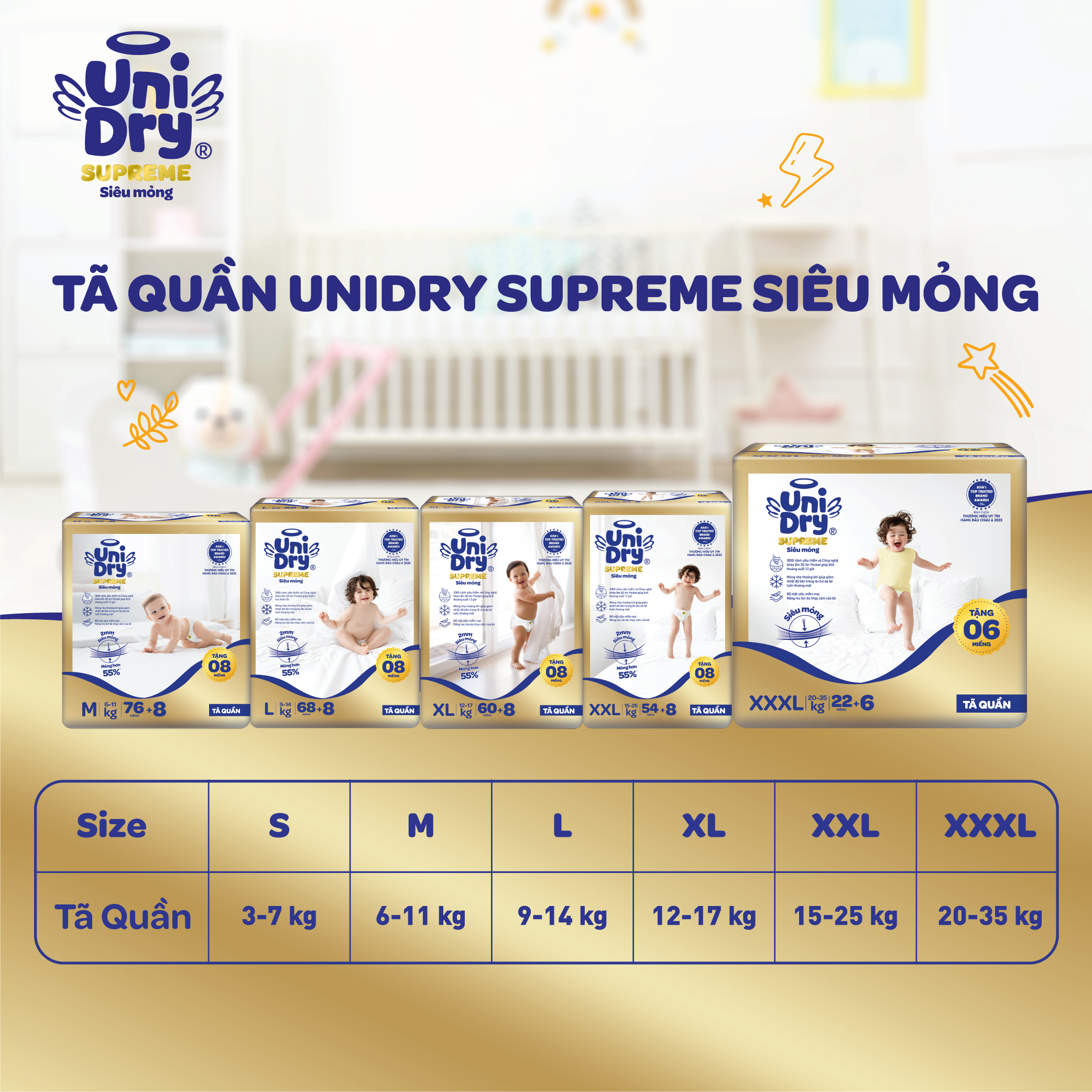 [Siêu mỏng 2mm] Combo 2 tã quần UniDry Supreme size M76/L68/XL60/XXL54 + 8 miếng