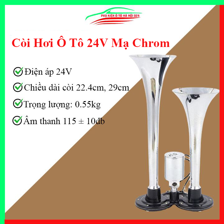 Còi hơi, kèn hơi ô tô 24V mạ Chrom, còi điện đôi kêu to, mạnh mẽ