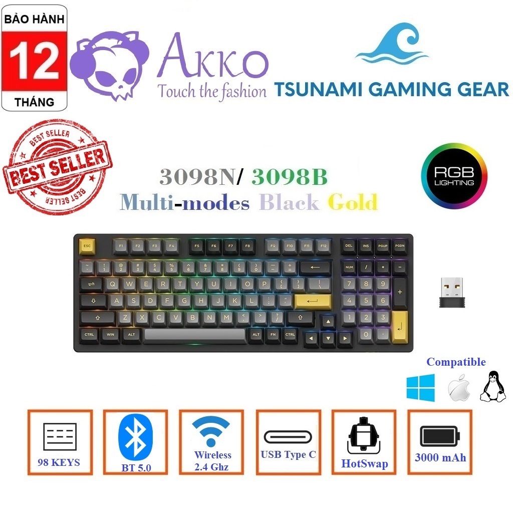 Phím cơ không dây AKKO 3098N Multi-modes Black Gold | 3098B Multi-modes Black Gold | 3098B Multi-modes Black Cyan I RGB | BT 5.0 | Wireless 2.4Ghz | Hotswap